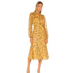 Tularosa Yellow Floral printed Jace Sheer sleeves Maxi Ruffled Dress Small